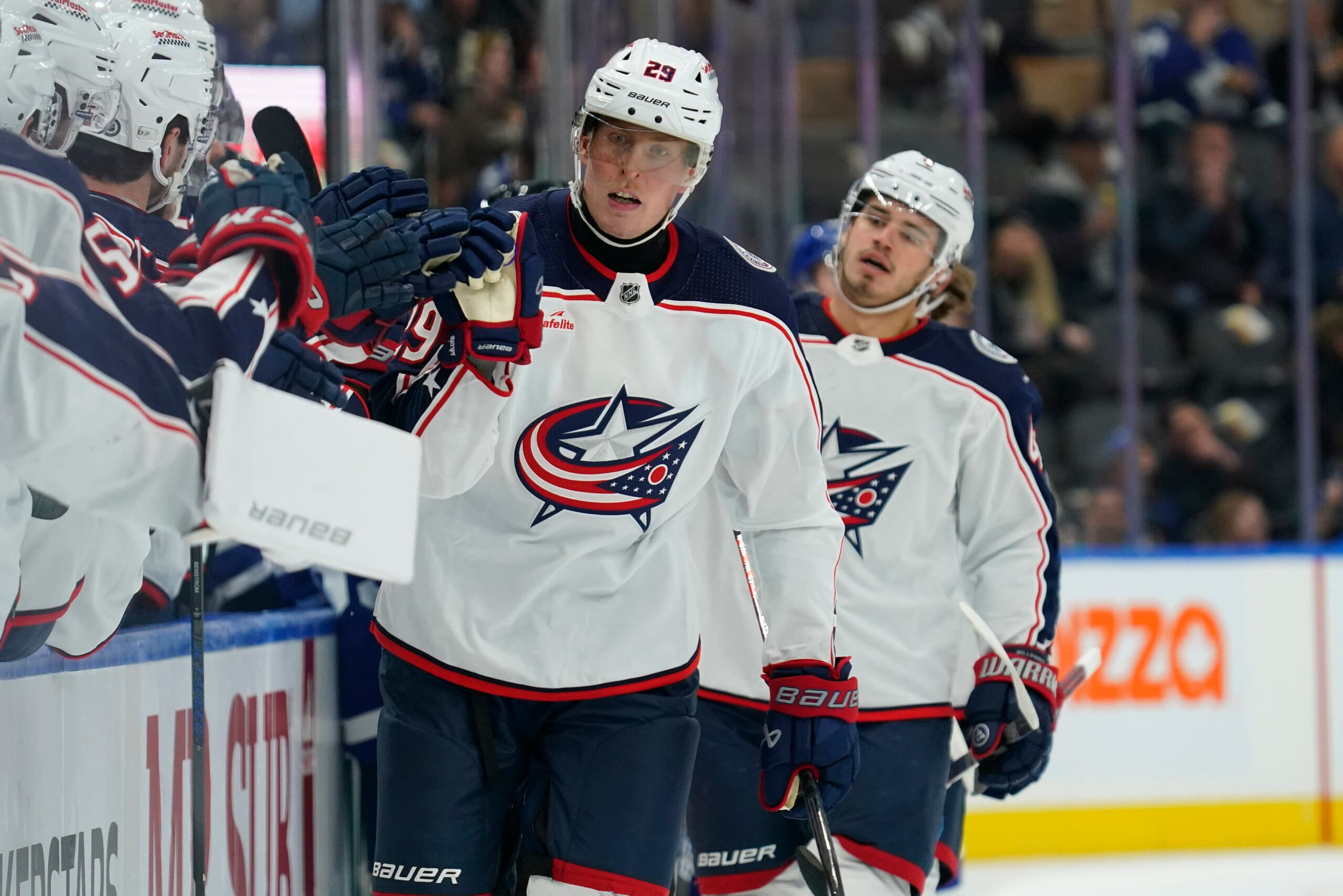 Columbus Blue Jackets Patrik Laine scores a goal against the Toronto Maple Leafs.