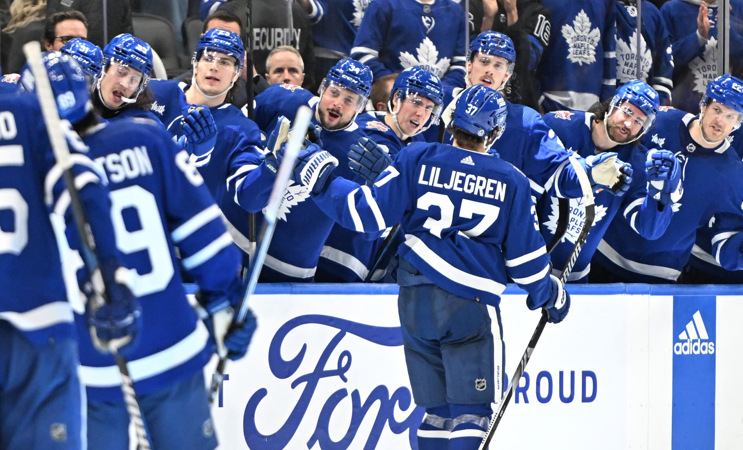 Toronto Maple Leafs defenseman Timothy Liljegren scores a goal.