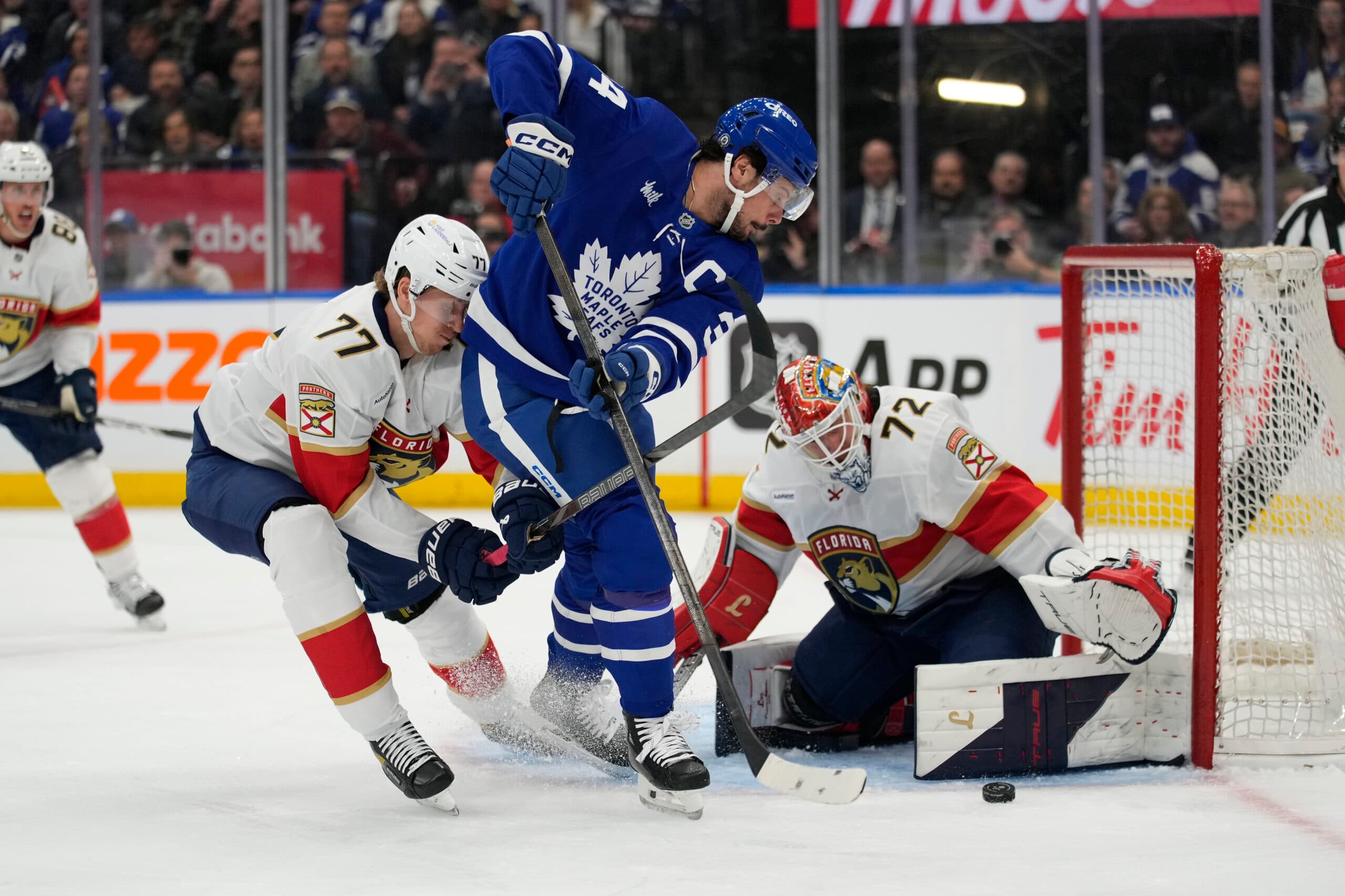 Maple Leafs Auston Matthews shoots on Florida Panthers goaltender Sergei Bobrovsky.