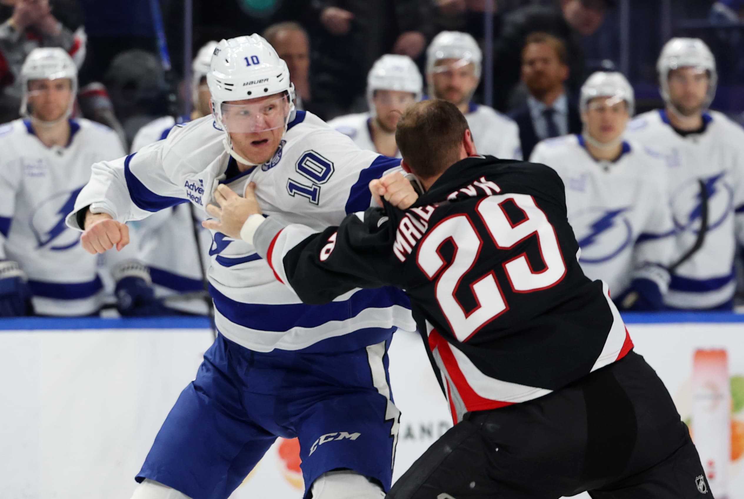 Corey Perry of Tampa Bay Lightning gets into fight.