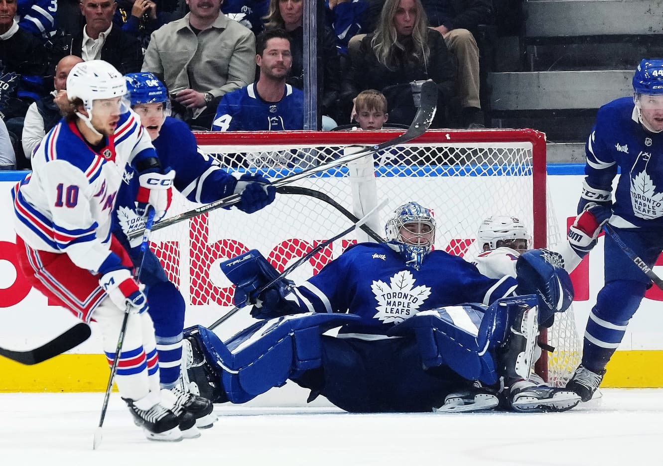 Toronto Maple Leafs goaltender Anthony Stolarz (41) stumbles in front of the net against the New York Rangers during the third period at Scotiabank Arena.